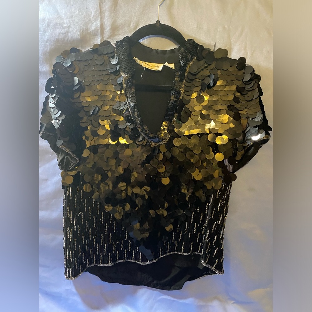 Vintage 90's Black Tie Oleg Cassini Silk Sequin Beaded Colorful Party Blouse S
